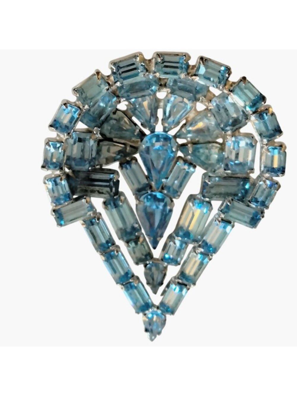 Vintage Blue Rhinestone Brooch Art Deco Style Baguette Teardrop Statement Pin